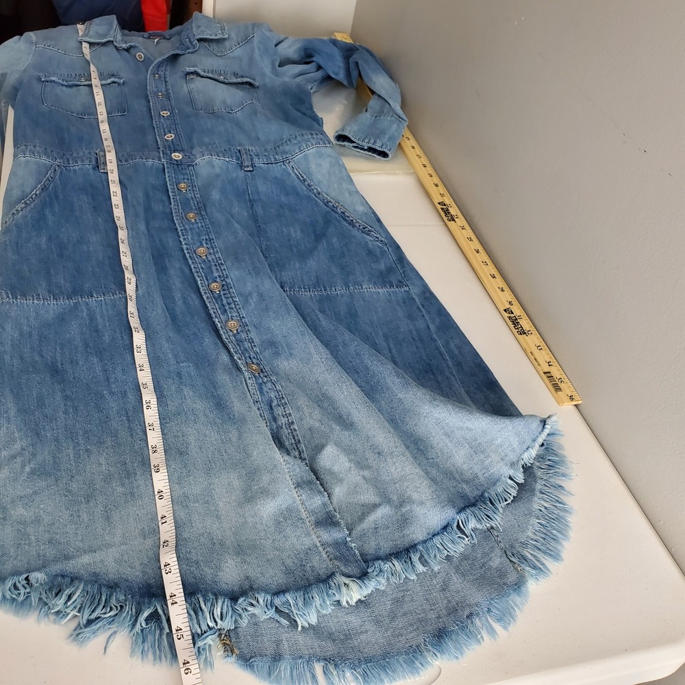 Free People Blue Denim Cotton Linen Button Front Midi Shirt Dress Medium Western - Picture 5 of 13